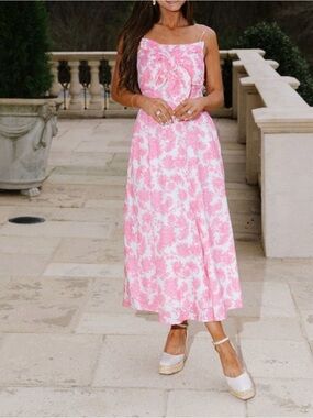 Pink Floral Spaghetti-Strap Midi Dress